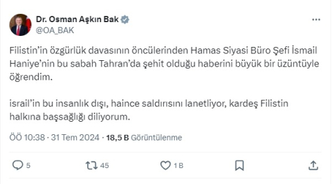 Bakan Bak, Filistin halkına başsağlığı diledi