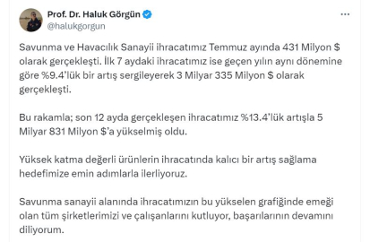 Savunma sanayinde temmuz ihracatı 431 milyon dolar