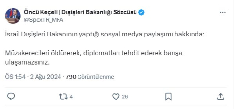 Dışişleri Sözcüsü Keçeli: Diplomatları tehdit ederek barışa ulaşamazsınız