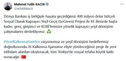 Bakan Kacır: Kadın, genç girişimci ve KOBİ'lerin yeşil dönüşüm çalışmalarını destekliyoruz