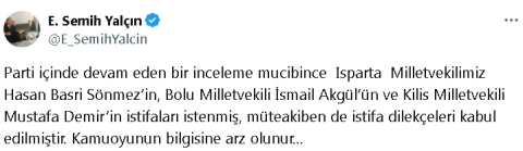 MHP'li Yalçın: İstifası istenen 3 milletvekilinin dilekçesi kabul edildi