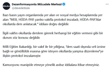 DMM: 'HÜDA-PAR'lılar okullarda ders anlatacak' iddiası doğru değildir