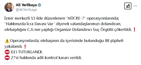 İzmir merkezli 13 ilde suç örgütü operasyonu: 61 tutuklama