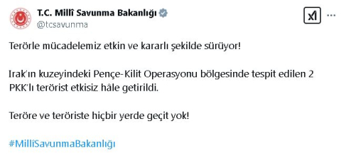 MSB: Irak'ın kuzeyinde 2 terörist etkisiz hale getirildi